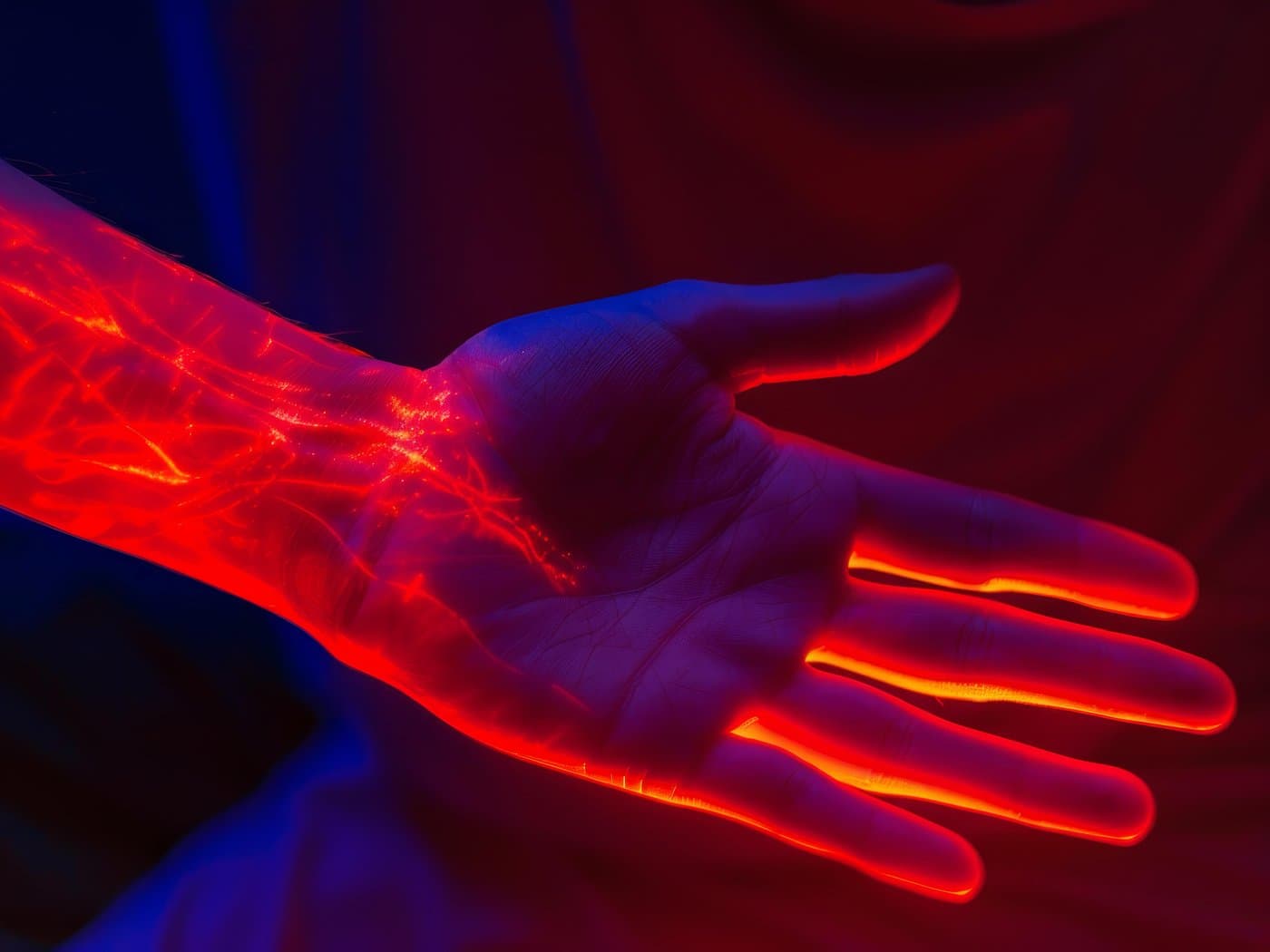 A hand and forearm with a glowing red neural and vascular pattern, against a dark blue background.