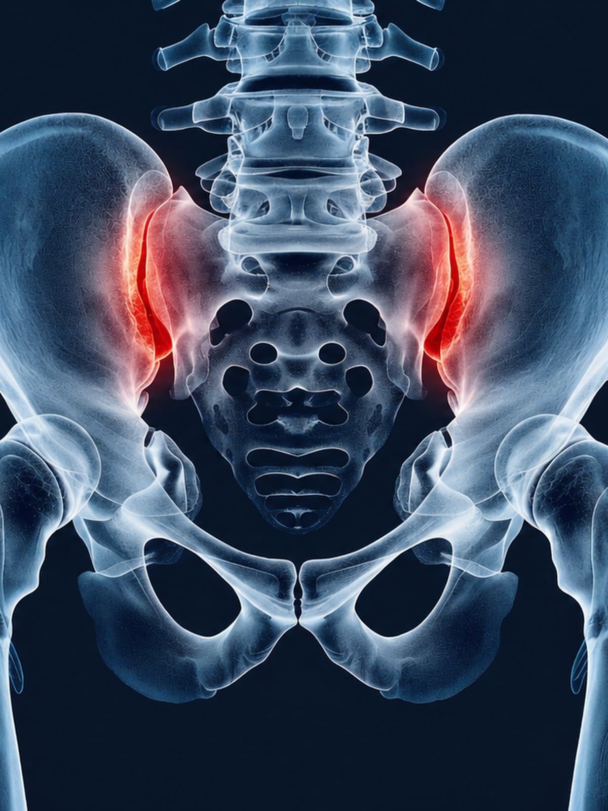 A skeletal X-ray-style render of the pelvis with both sacroiliac joints highlighted in red.