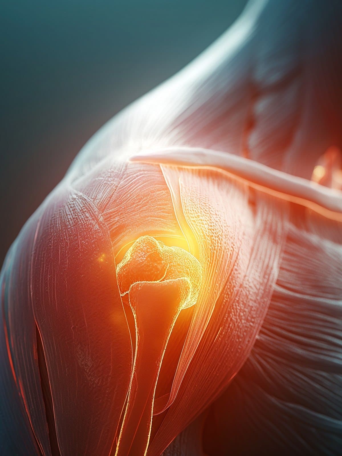An anatomical rendering of a shoulder joint and its tendons, with the joint highlighted in an orange-red glow.