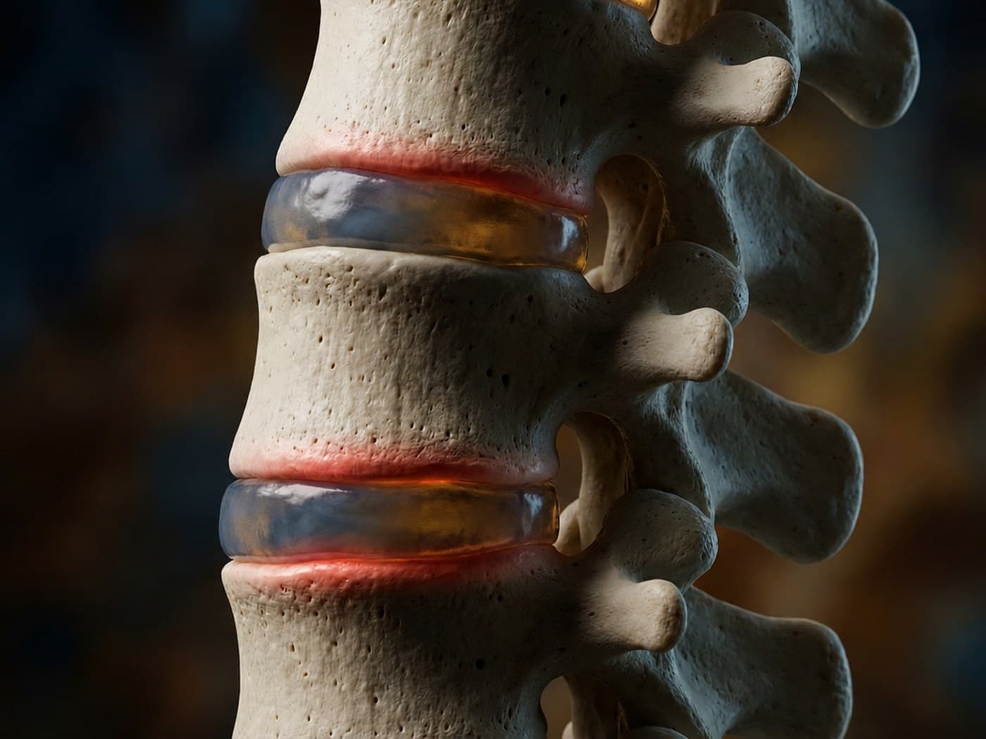 A close-up 3D render of vertebral bodies with the endplates and disc interfaces highlighted in red and amber.