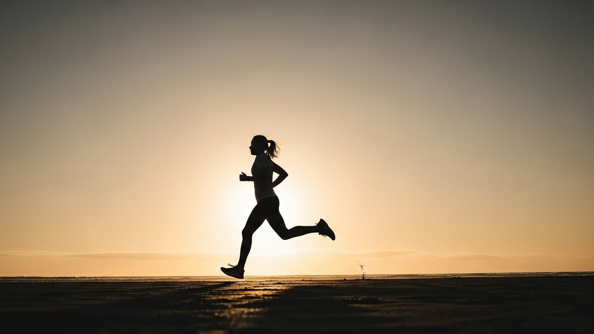 Silhouette of a woman running on a beach at sunset.