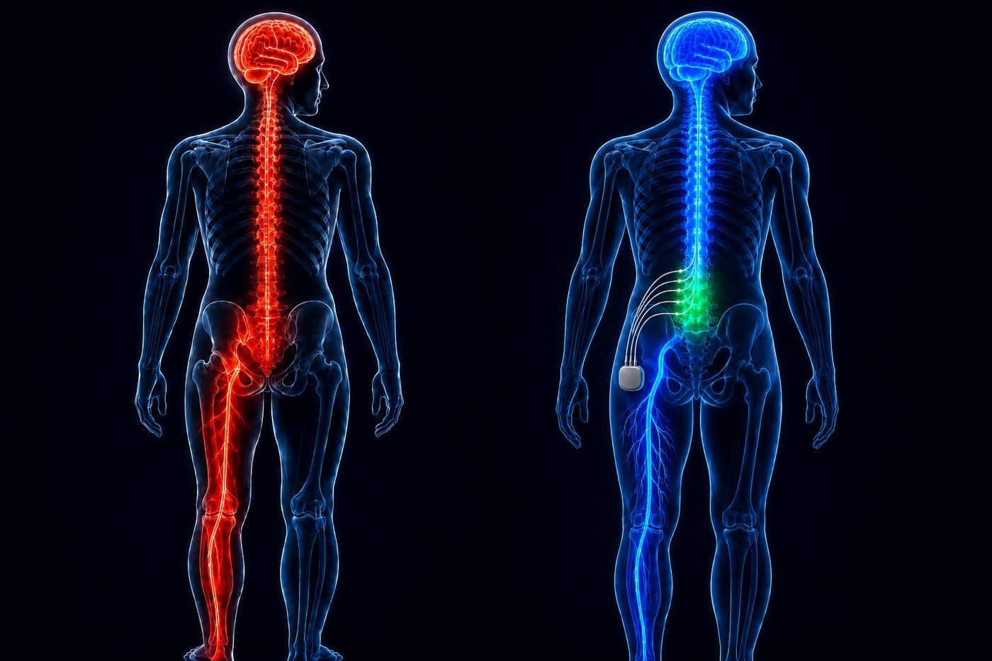 Before and after comparison: transparent full-body illustrations showing a red-highlighted pain pathway radiating from the lower back down the leg before treatment, and the same pathway calmed to blue after dorsal root ganglion stimulation, with green electrode markers at the nerve roots and the implanted device visible at the hip.