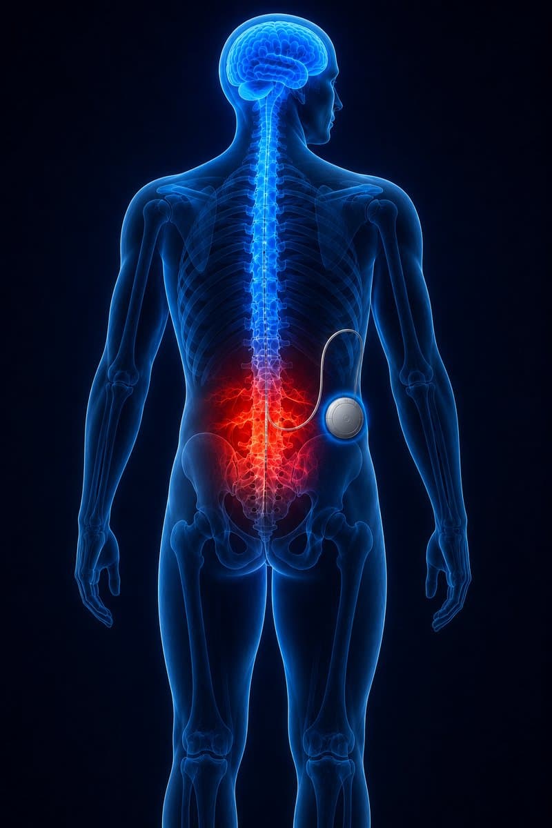 Transparent full-body illustration showing the brain and spinal cord highlighted in blue, a catheter connecting to an implanted pump device at the side of the lower back, and localized red highlighting at the lumbar spine.