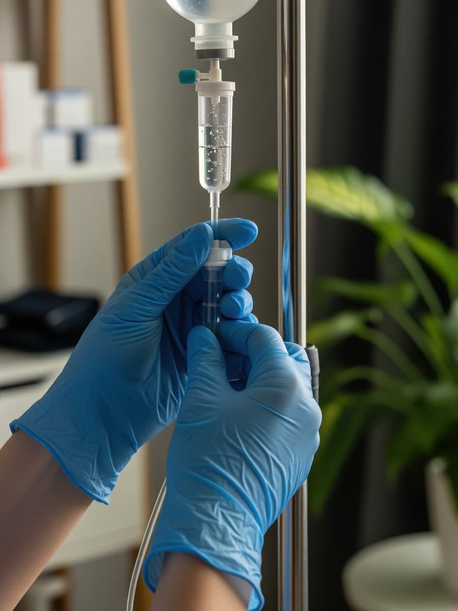 A nurse in blue gloves preparing an IV infusion in a calm clinic setting.