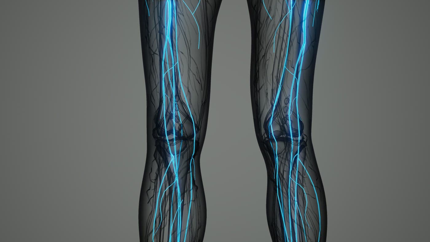 Transparent anatomical rendering of both legs from the thigh to lower leg, showing nerve pathways highlighted in blue against a gray background.