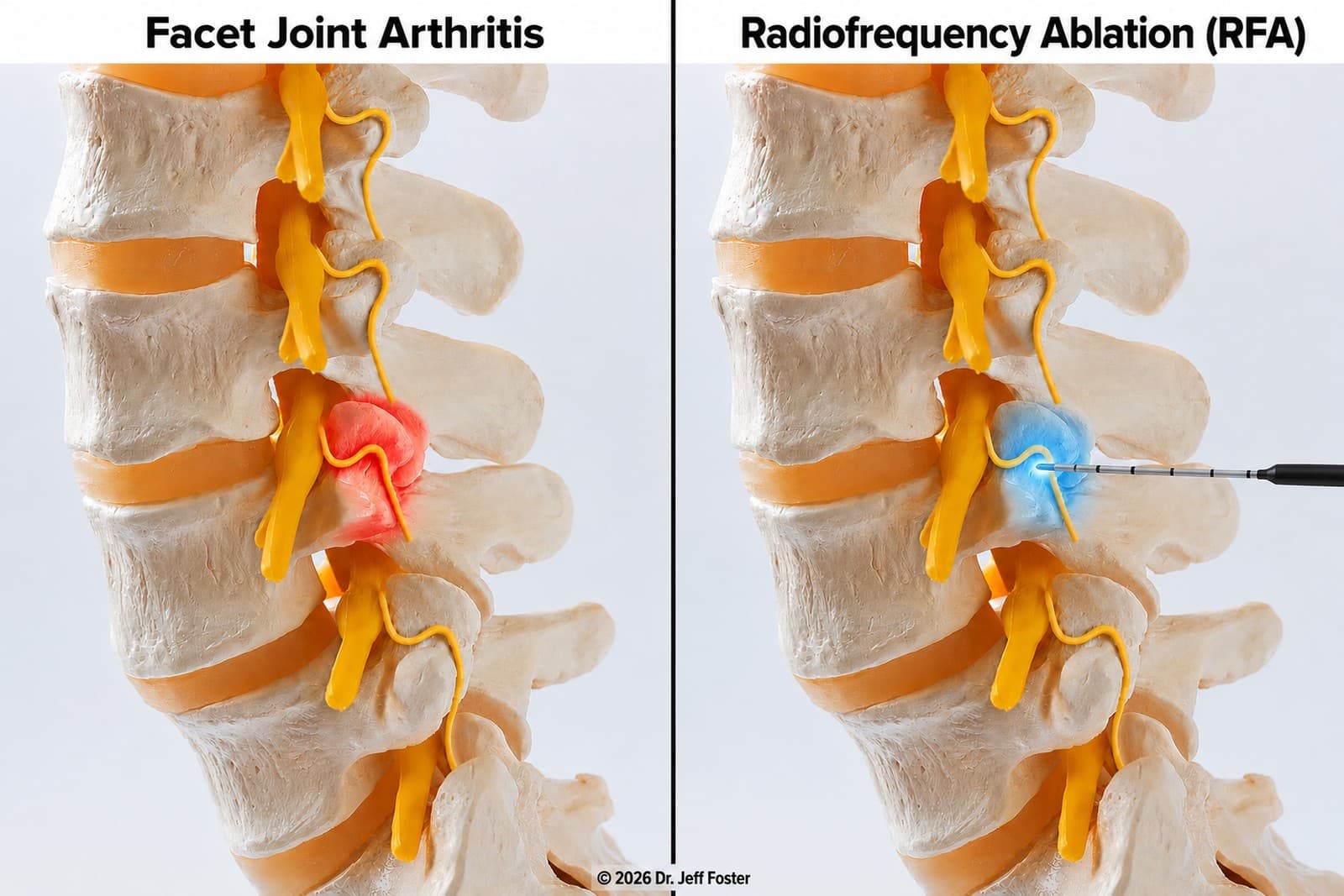 Side-by-side comparison of a spine model showing facet joint arthritis and radiofrequency ablation treatment of the same joint.