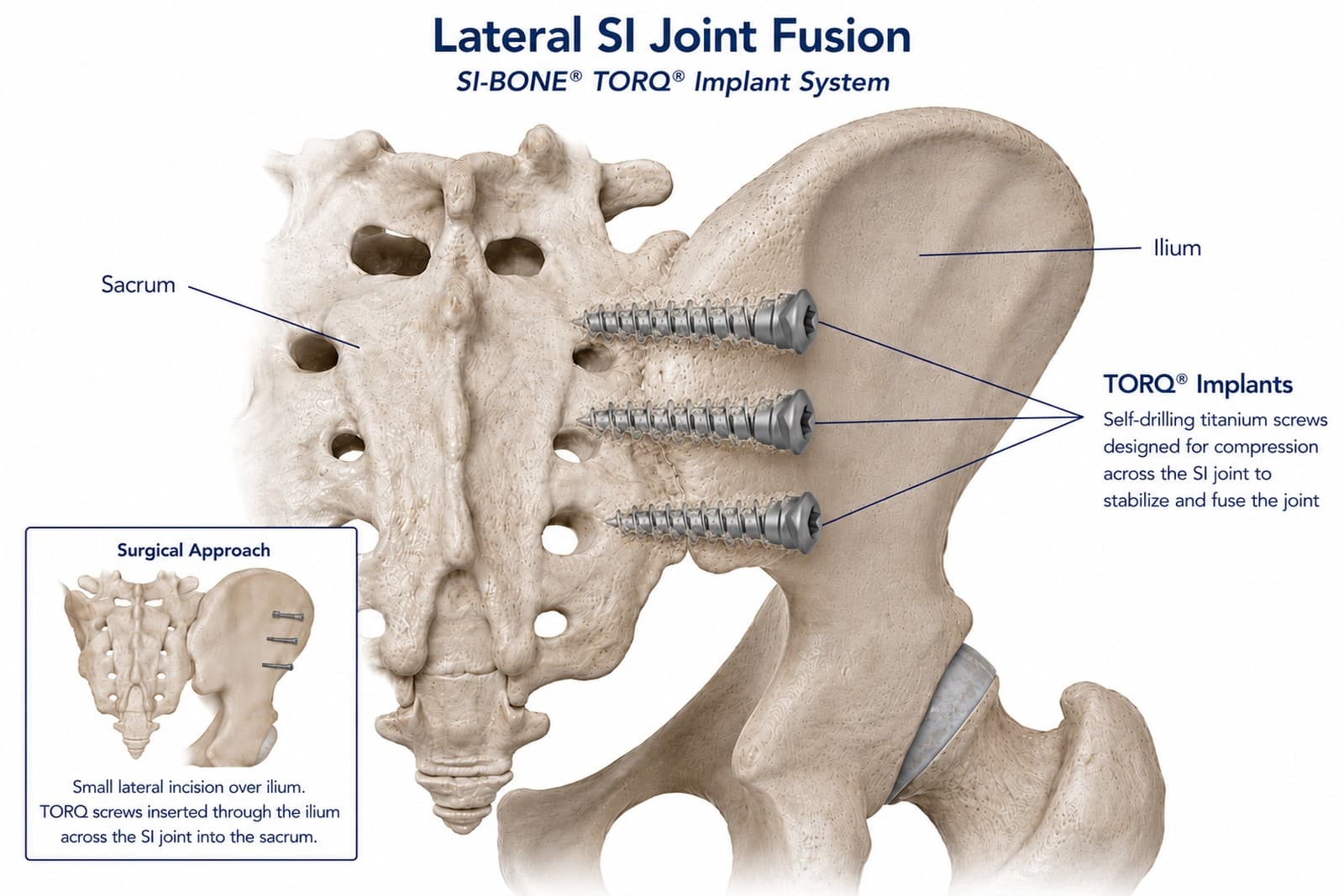 Diagram of lateral SI joint fusion using the SI-BONE TORQ implant system, showing titanium screws placed across the sacroiliac joint from the ilium into the sacrum.