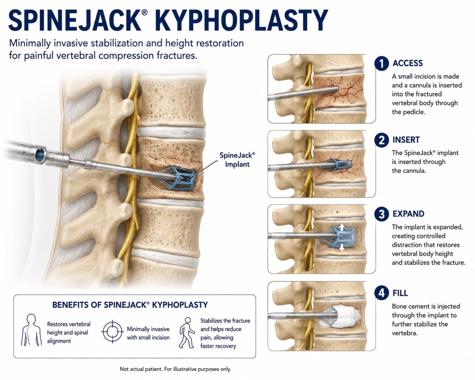 Four-step diagram of SpineJack kyphoplasty: access, insert, expand, and fill, showing the implant restoring vertebral body height and stabilizing the fracture with bone cement.