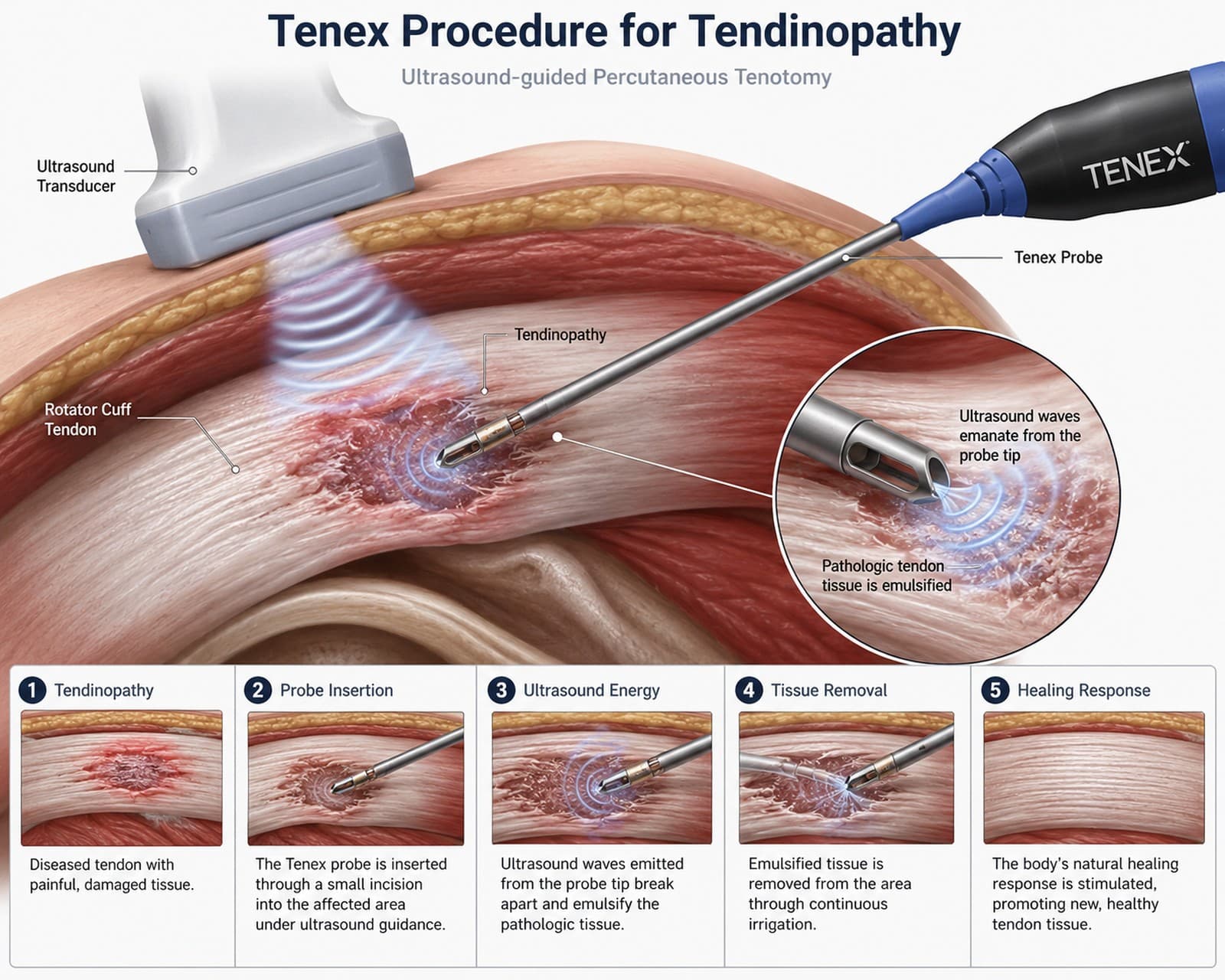 Diagram titled 'Tenex Procedure for Tendinopathy — Ultrasound-guided Percutaneous Tenotomy,' showing labeled rotator cuff anatomy, a close-up mechanism inset, and a five-step process: tendinopathy, probe insertion, ultrasound energy, tissue removal, and healing response.