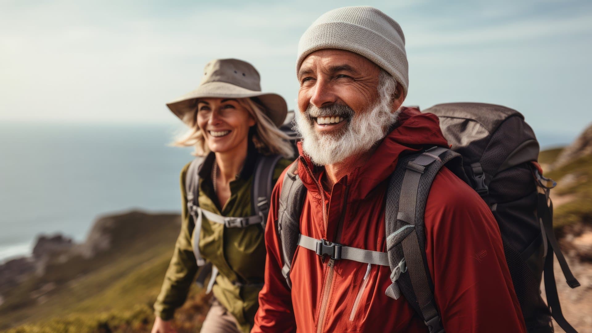 A smiling senior couple hiking outdoors with backpacks, overlooking a coastal mountain landscape.