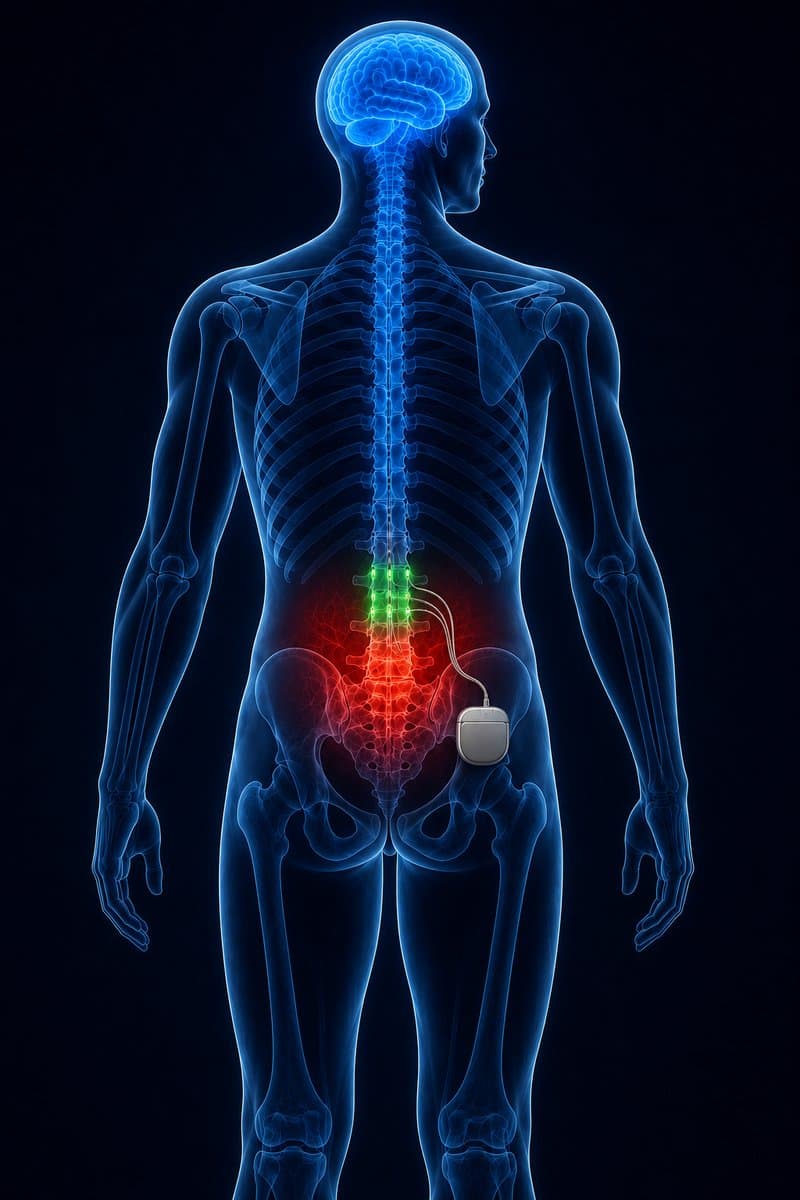 Transparent full-body illustration showing the brain and spinal cord highlighted in blue, green electrode markers along the lower paraspinal muscles connecting to an implanted device, and red highlighting at the lumbar spine.