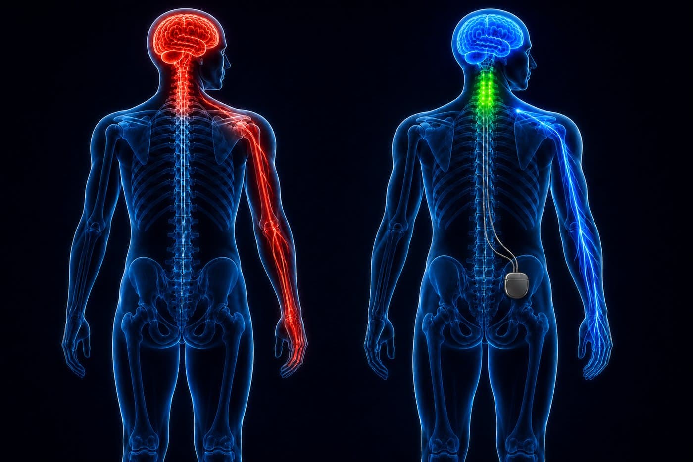 Before and after comparison: transparent full-body illustrations showing a red-highlighted pain pathway radiating from the neck down the arm before treatment, and the same pathway calmed to blue after cervical spinal cord stimulation, with green electrode markers at the cervical spine and the implanted device visible at the hip.