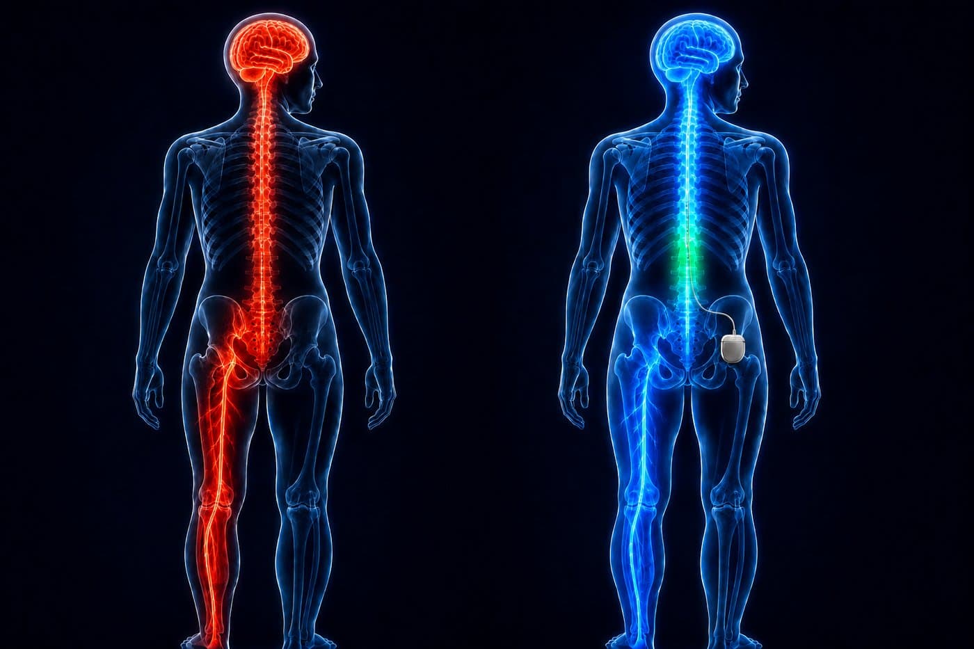 Before and after comparison: transparent full-body illustrations showing a red-highlighted pain pathway radiating from the lower back down the leg before treatment, and the same pathway calmed to blue after spinal cord stimulation, with the implanted device visible at the hip.